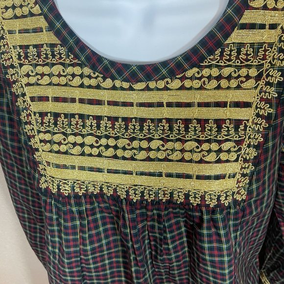 J. Crew Plaid Peasant Blouse Gold Braid Yoke Holiday Embroidered Top XS - Picture 5 of 11